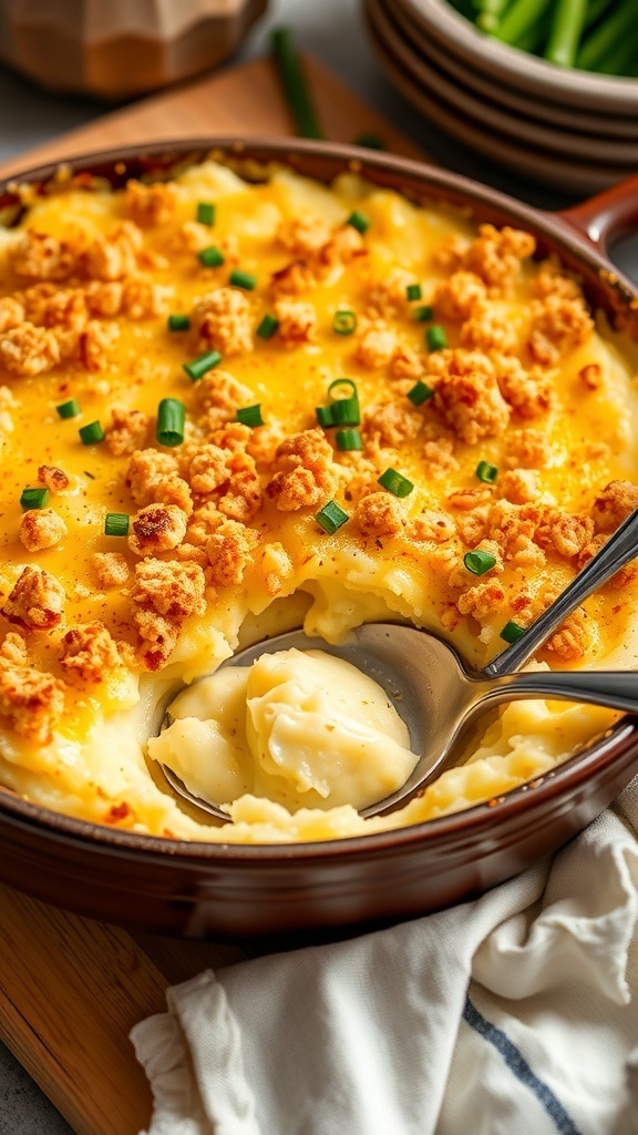 Cheesy casserole mashed potatoes topped with breadcrumbs and chives in a rustic dish.